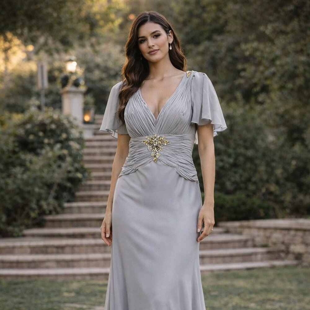 Elegant Grey Beaded Evening Gown | Flutter Sleeve V-Neck Formal Dress